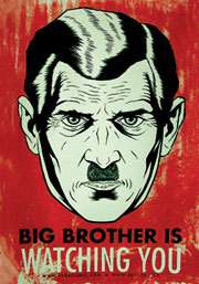 Affiche du roman de Aldous Huxley avec un visage et la phrase Big Brother is watching you, Big Brother vous surveille